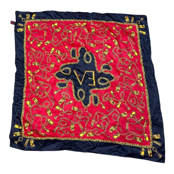 Elizabeth Arden Red Door Silk Scarf 32.5" Red & Black Chain Print Made In Italy - Picture 7 of 8